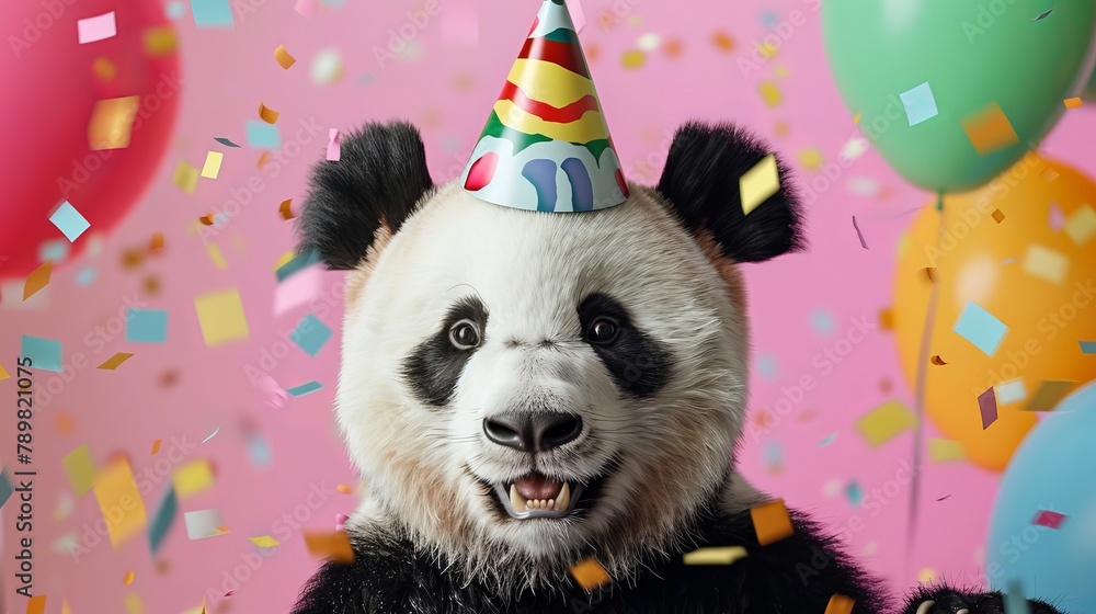 Fototapeta premium Panda party: adorable bear in birthday hat celebrating with balloons & confettiPanda party: adorable bear in birthday hat celebrating with balloons & confetti