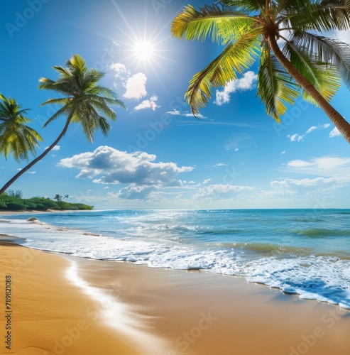  A painting of a beach with palm trees  sun shining over ocean  and white sand  blue water