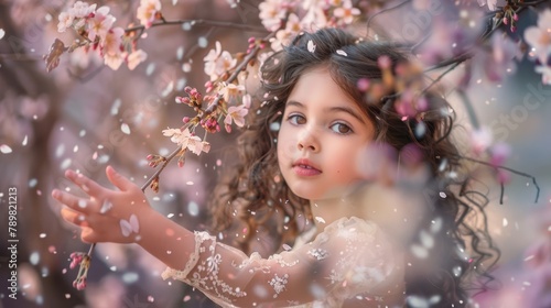  A young girl in white dress holds a pink-flowered tree branch Background softly blurred