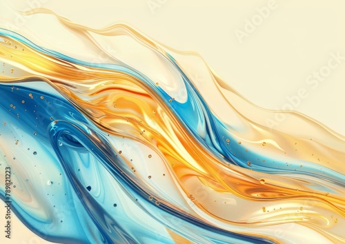  blue, yellow, and white waves on a light beige backdrop; golden star in waves' center