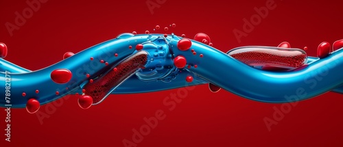  Red liquid pouring from faucet against red backdrop; blue liquid intermingled