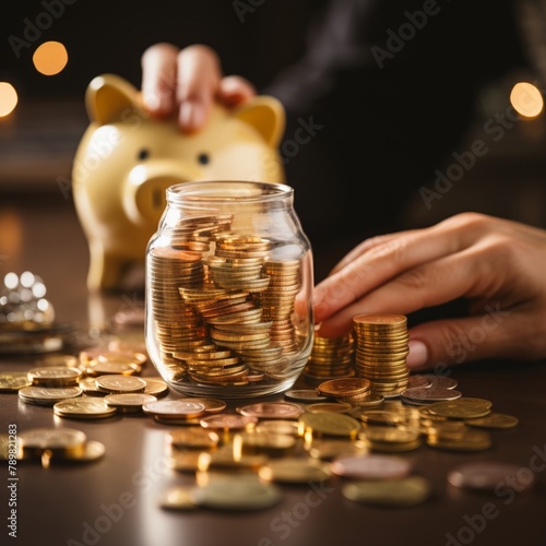 Closeup of a hand placing a gold coin into a glass piggy bank  set against a backdrop of financial planning documents