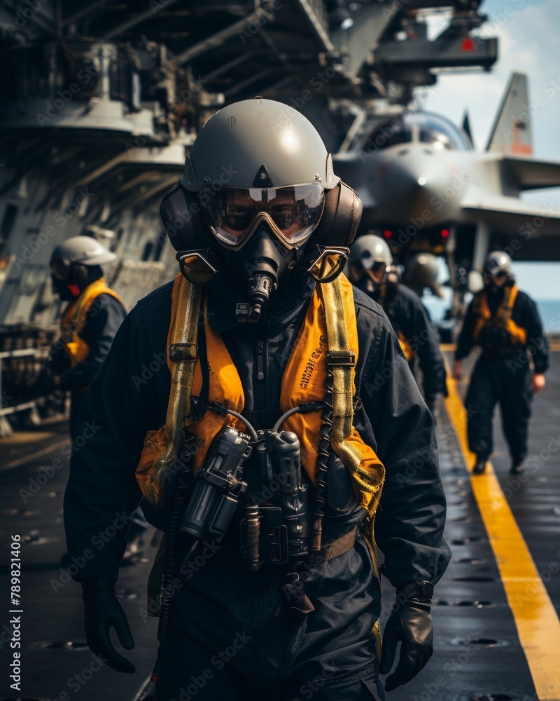 Obraz premium Crew members conducting a drill on the deck of a destroyer, wearing safety gear and coordinating with precision