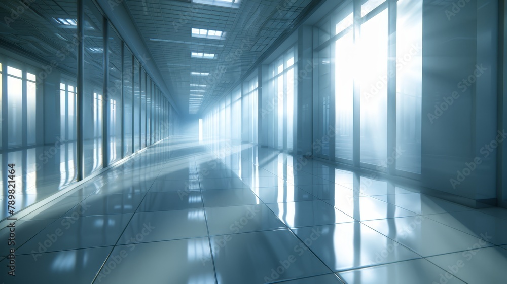   A long hallway, filled with numerous windows, lets in abundant light through their sides, revealing a pristine white tiled floor