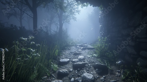  A middleged forest path, surrounded by stones and verdant grass, lies beneath thick fog