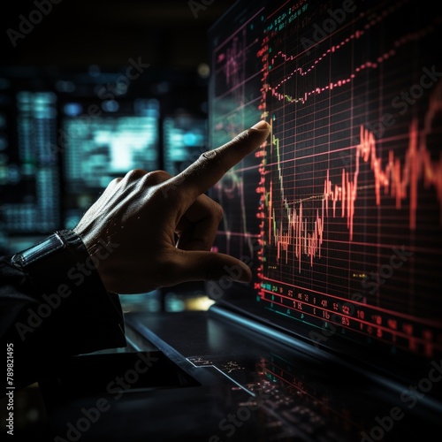 Hand of a trader pointing at a critical point on a stock graph, highlighting investment opportunities or risks photo