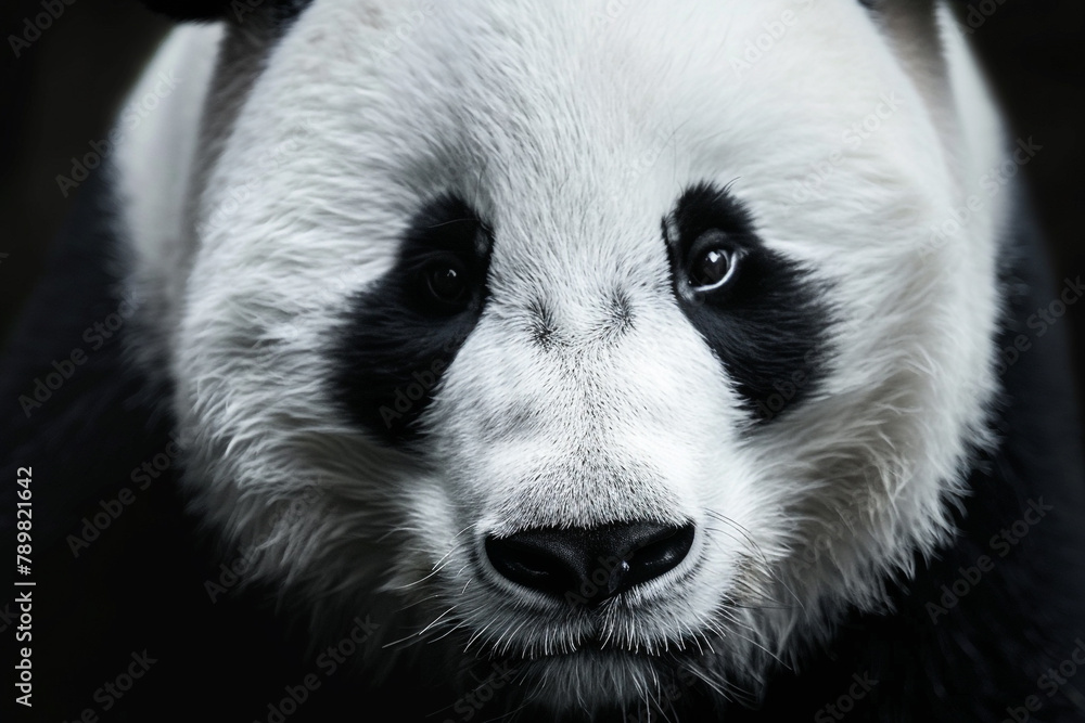 Close-up shot of a serene black and white panda face, highlighting its delicate features on a pristine white canvas. Close-up shot of a serene black and white panda face, highlighting its delicate features on a pristine white canvas.