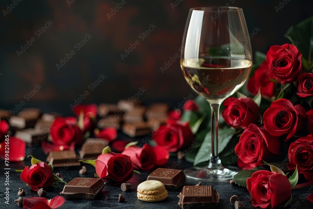   A glass of wine, a red rose bouquet, and a chocolate assortment on the table