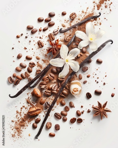   A dessert featuring chocolate, nuts, and edible flowers against a pristine white backdrop Accessorized with coffee beans, a dusting of cinnamon, and the arom photo
