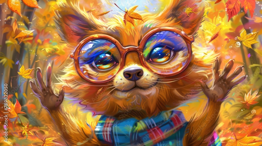 A painting of a dog in glasses, plaid shirt, and a scarf – nestled amidst autumn leaves A painting of a dog in glasses, plaid shirt, and a scarf – nestled amidst autumn leaves