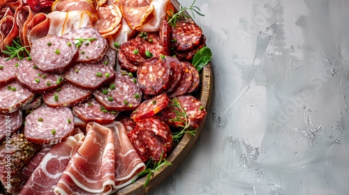  A platter displays meats and sausages on a table