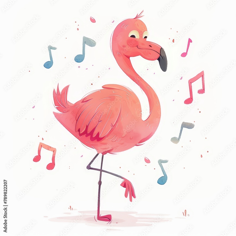 Fototapeta premium A pink flamingo before a white backdrop, adorned with music notes, bears notes on its feet