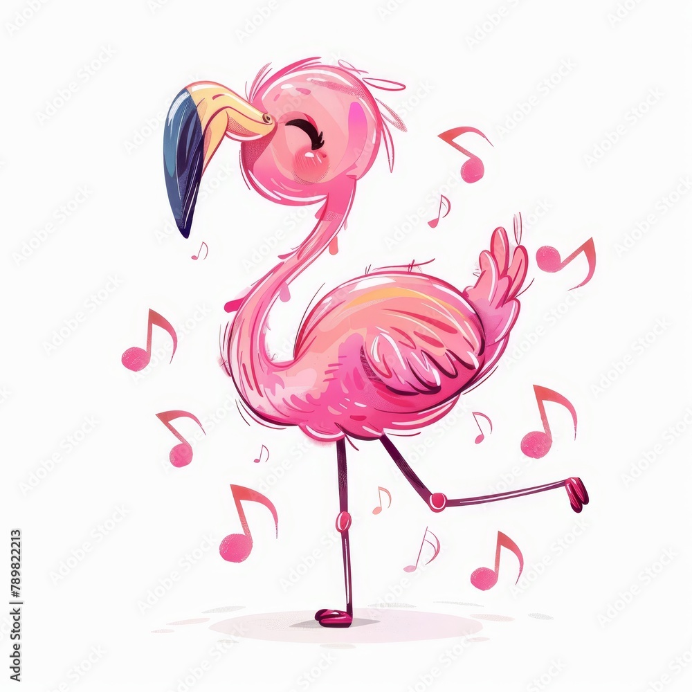 Naklejka premium A pink flamingo stands with musical notes emerging from its beak, accompanied by a single music note issuing forth