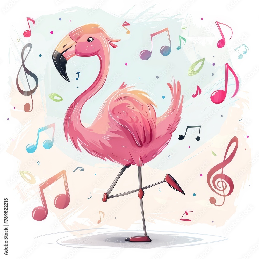 Naklejka premium A pink flamingo dances among musical notes