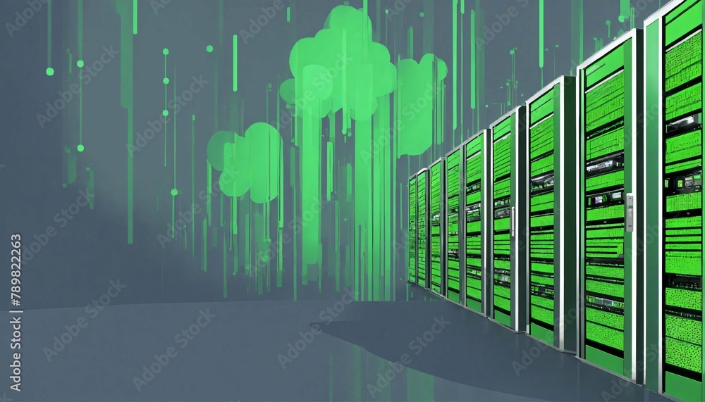 IT pop style 2D poster datacenter network servers loading information to the internet cloud, green grey colour IT pop style 2D poster datacenter network servers loading information to the internet cloud, green grey colour