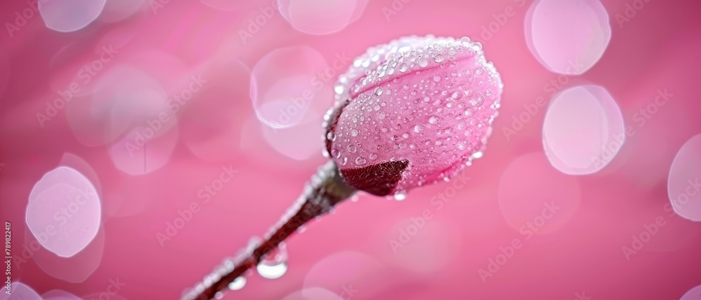 A solitary pink rose adorned with water droplets on its petals against a pink backdrop, softly lit with bokeh A solitary pink rose adorned with water droplets on its petals against a pink backdrop, softly lit with bokeh