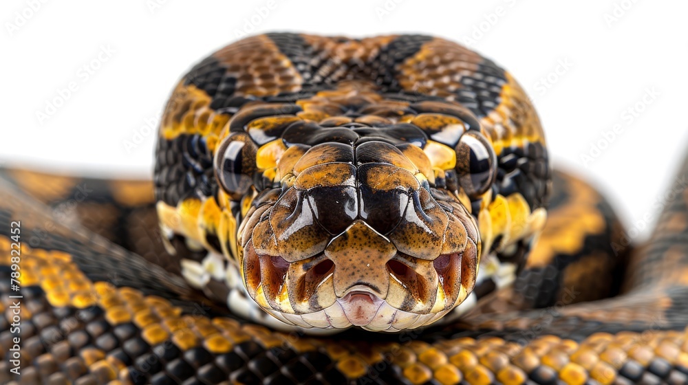 A tight shot of a snake's head, displaying yellow, black, and white stripes on its skin A tight shot of a snake's head, displaying yellow, black, and white stripes on its skin