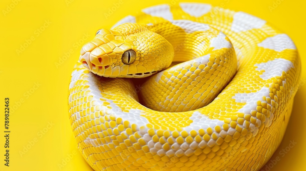 A yellow-and-white snake lies atop a yellow surface, its head reposing on another snake's head A yellow-and-white snake lies atop a yellow surface, its head reposing on another snake's head