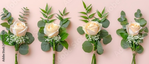  Three white roses sit atop a pink surface, surrounded by green leafy stems and baby's breath