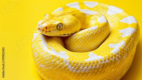   A yellow-and-white snake lies atop a yellow surface, its head reposing on another snake's head