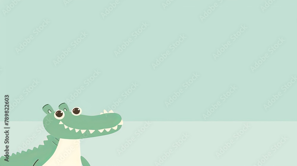 A green-and-white alligator atop a weathered wood floor Nearby, a green wall; behind, a blue sky A green-and-white alligator atop a weathered wood floor Nearby, a green wall; behind, a blue sky