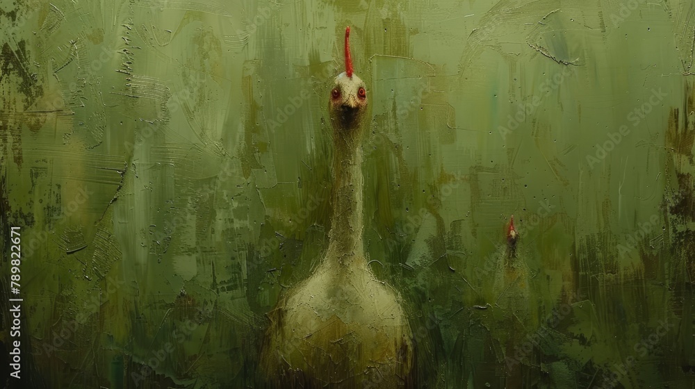 A painting of a bird perched atop a bottle against a green backdrop A painting of a bird perched atop a bottle against a green backdrop