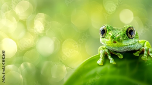   A close-up of a frog on a leaf with a background of out-of-focus light