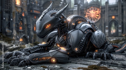  A robot dog lies before a building, its clock-faced head pressed against the ground, glowing eyes emitting light