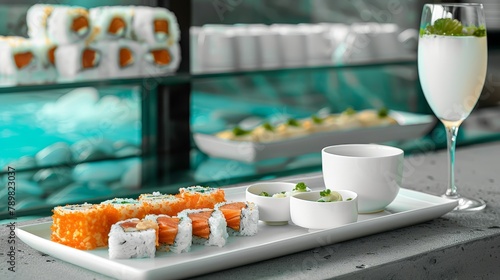  A white plate holding sushi, adjacent to a glass of wine, and an additional plate of food on a table