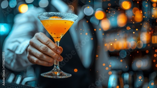   A person tightly grasps a drink in a martini glass, the clear glass reflecting the bright lights behind in a blur