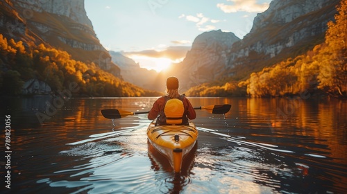   A person in a kayak paddles downstream before a mountainside backdrop as the sun sets photo