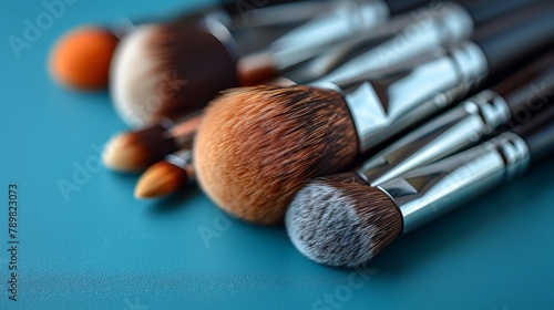  A collection of brushes align on a blue substrate One brush holds an orange ball within its depth