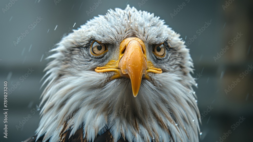 A tight shot of a bald eagle's face, rain cascading down its head against a blurred backdrop A tight shot of a bald eagle's face, rain cascading down its head against a blurred backdrop