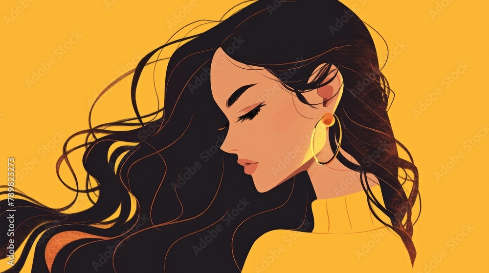 2d illustration of a stylish single woman with long flowing hair in a flat design 2d illustration of a stylish single woman with long flowing hair in a flat design