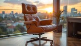   A brown leather office chair sits atop a hardwood floor, facing a window that overlooks the city