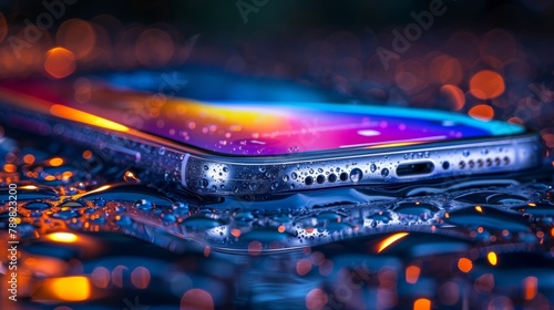   A tight shot of a cell phone atop a table, featuring water beads on its surface and a vague background photo