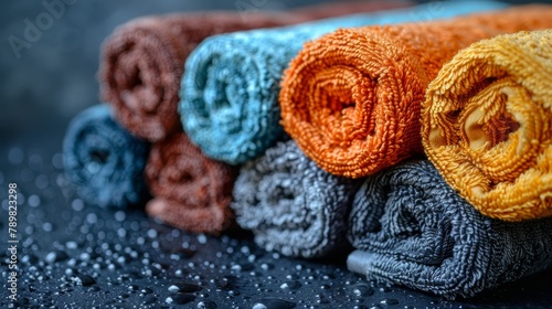  A row of multicolored towels sits atop a wet table on a black surface, dotted with water droplets