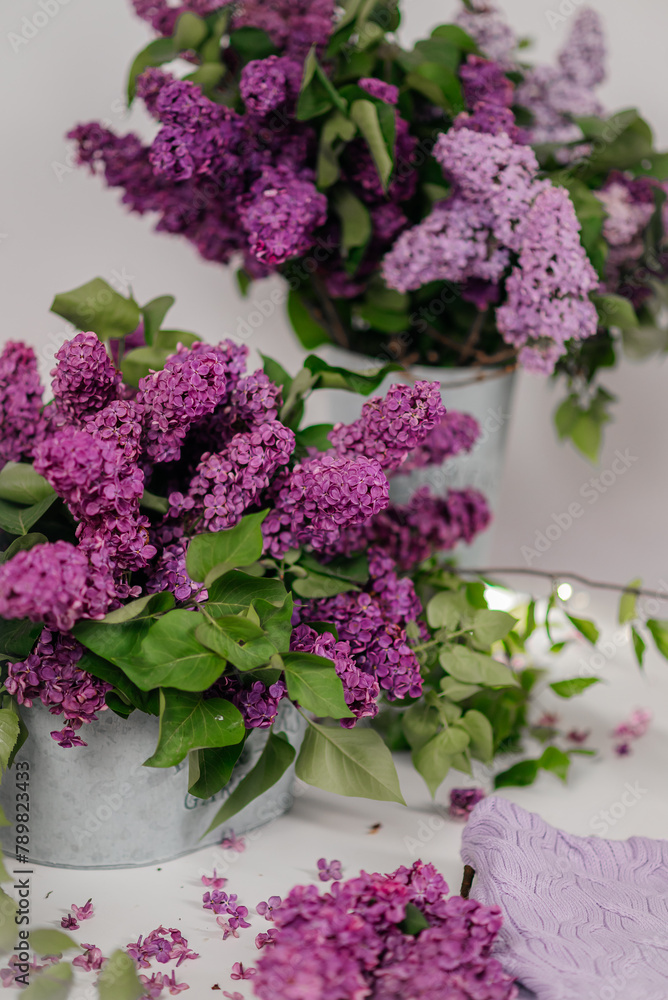 A beautiful composition of lilac bouquets on a light background, creating a soft and elegant atmosphere