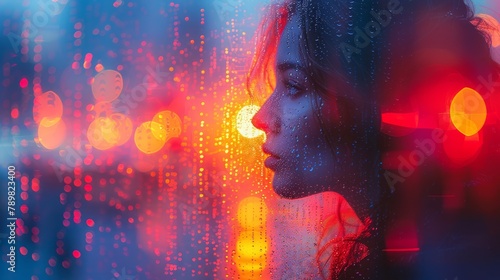  A woman stands before a window, facing a red traffic light outside Raindrops scatter on the glass