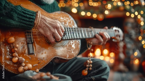   A person tightly holds a guitar in focus, face expressionive, before a crackling fireplace Behind them, a Christmas tree is adorned with twinkling lights photo