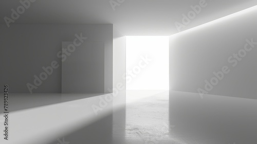  A black-and-white image of a room featuring a solitary light at its end
