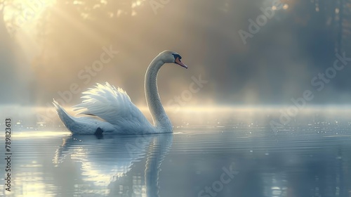   A white swan floats atop a tranquil lake, surrounded by a lush green forest on a foggy morning