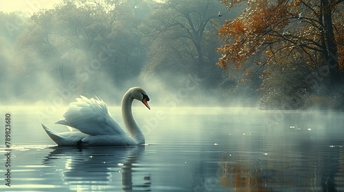   A white swan floats atop a fog-shrouded lake  nestled beside a forest teeming with trees