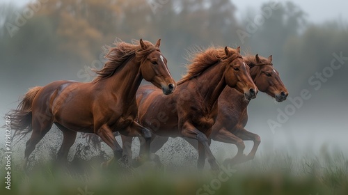  Group of brown horses galloping through foggy field with trees in background on foggy day