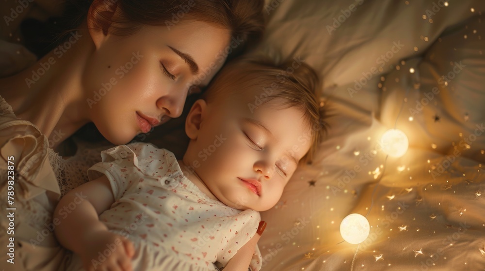 Woman and baby sleeping on bed