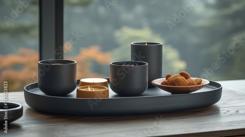  a tray with lit candles, a bowl of fresh cookies, and a steaming cup of tea