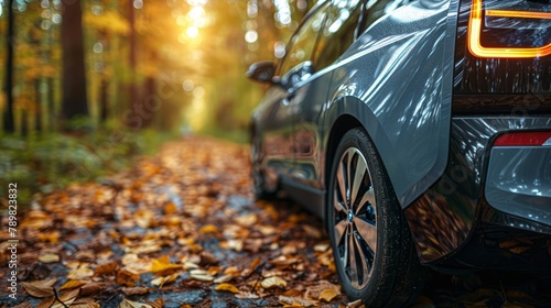  A car is parked beside the road in a wooded region Leaves cover the ground, and trees form the background