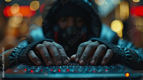  Person in hoodie types on computer keyboard, hands at rest