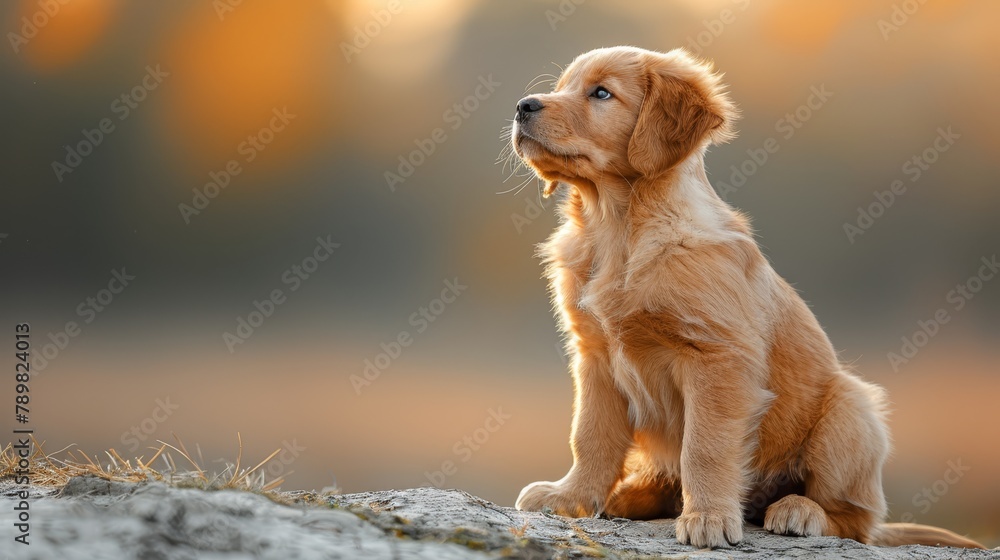 A golden retriever pup on a rock, gazing at a distant point with a hazy backdrop A golden retriever pup on a rock, gazing at a distant point with a hazy backdrop