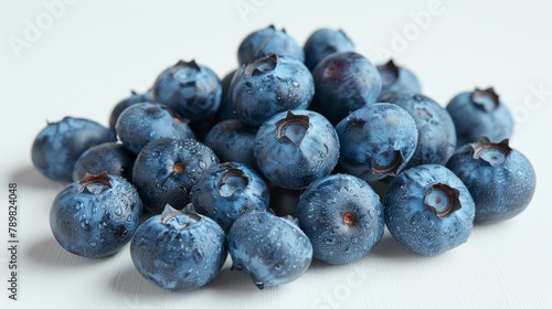 A mound of blueberries arranged neatly atop a pristine white tabletop, adorned with droplets of water